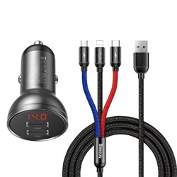 Автомобильное зарядное устройство Baseus Display Dual USB 4.8A Car Charger 24W + Кабель 3 в 1 USB на Type C / micro USB / Lightning 1,2m (TZCCBX-0G) - фото 37083